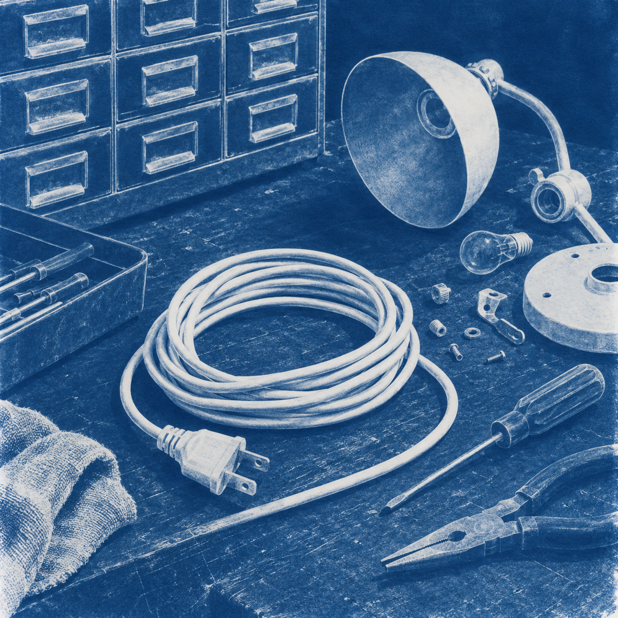 Illustration of small appliance repair bench: coiled cable, workbench drawers, a disassembled unbranded lamp