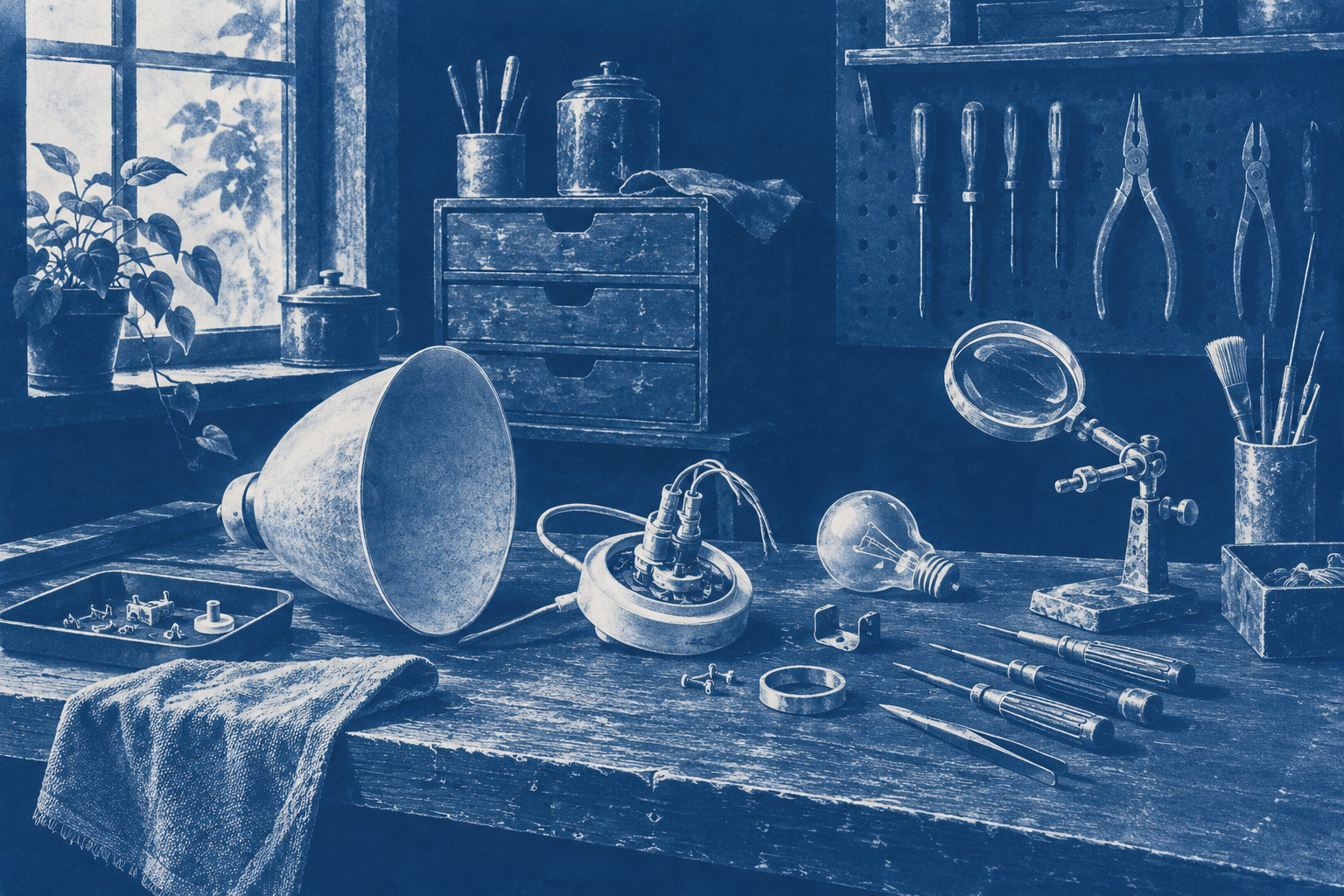 Illustration of small appliance repair bench: a disassembled unbranded lamp, precision screwdrivers, an analog magnifier