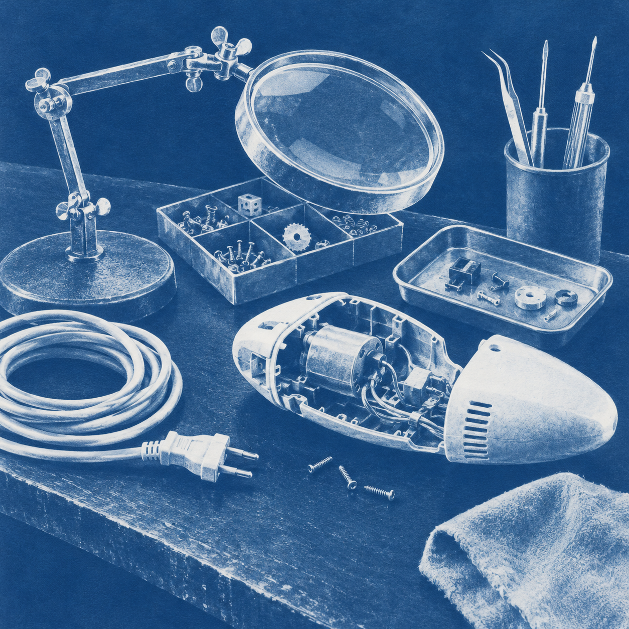 Illustration of small appliance repair bench: an analog magnifier, small component trays, coiled cable